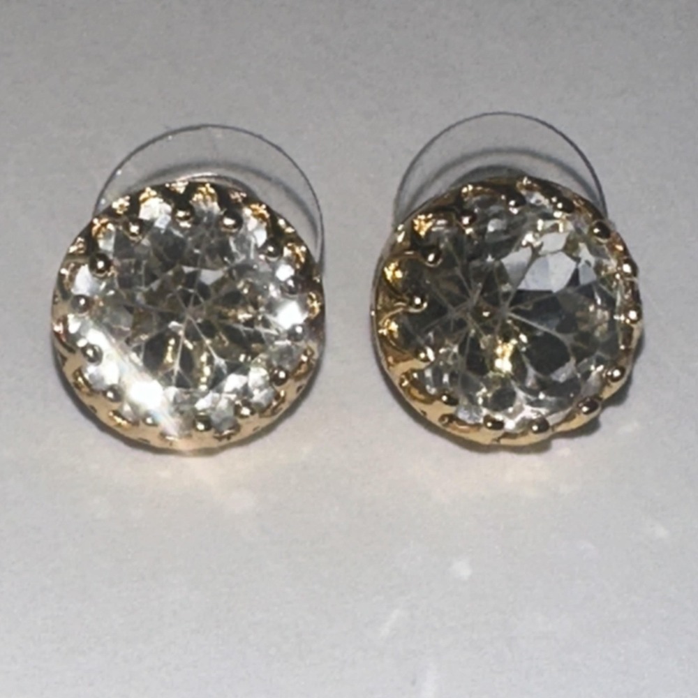 Stella & Dot Chunky Solitaire Crystal Stud Earrings Gold Tone Round Stmt Sparkle